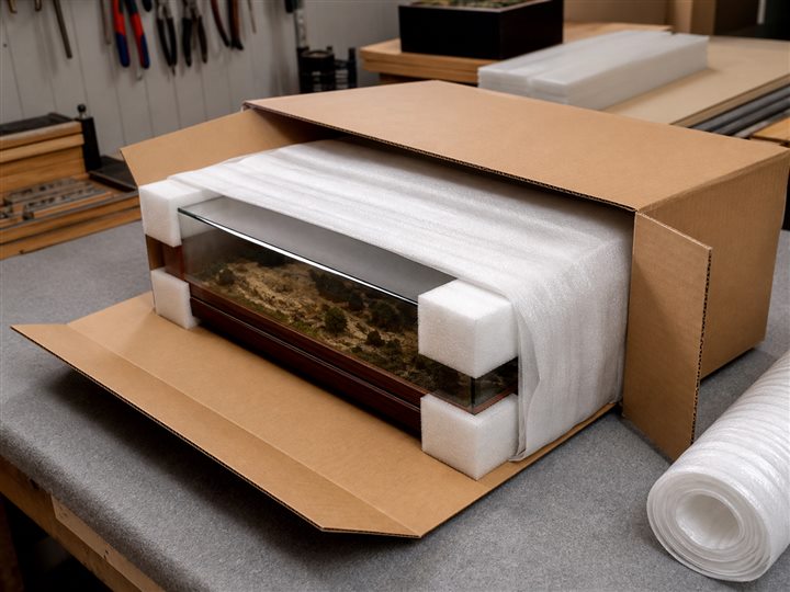 A display case protected with foam inside a cardboard shipping box